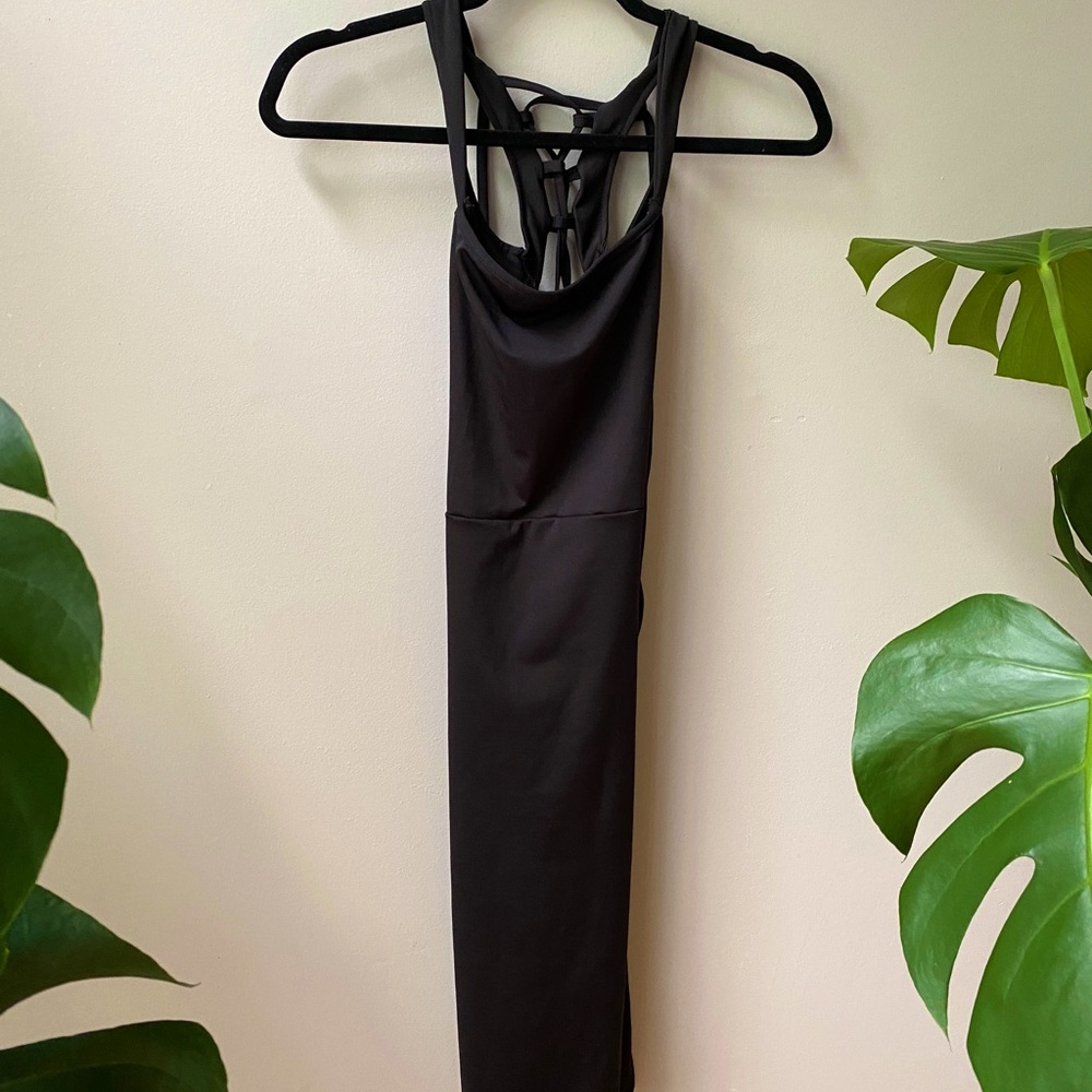 Thrifted Bodycon Black Midi Dress with Tie up Back